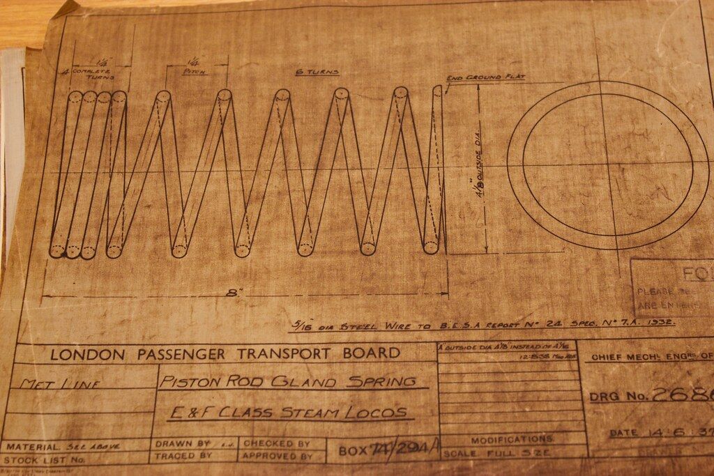 A hand-drawn engineering drawing of a spring with its title block